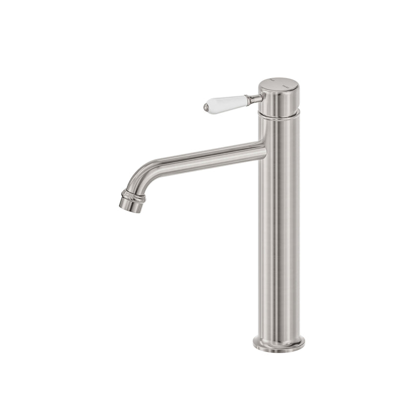 Nero York Straight Tall Basin Mixer With White Porcelain Lever Brushed Nickel Tapware Nero Default Title