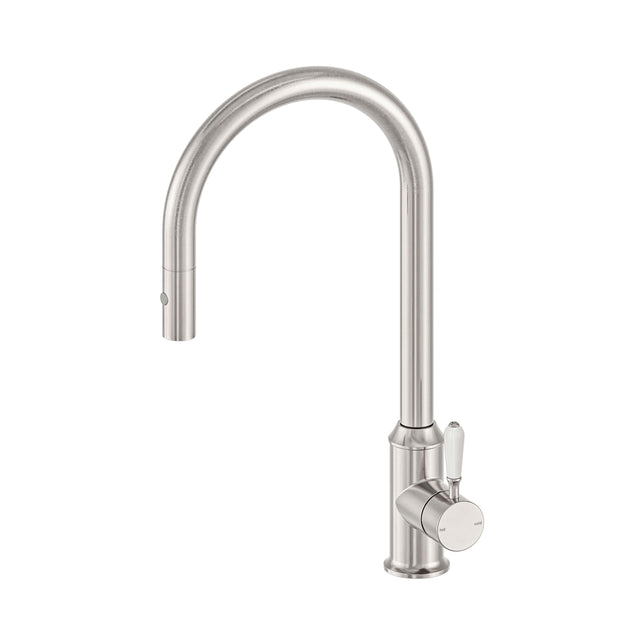 Nero York Pull Out Sink Mixer With Vegie Spray Function With White Porcelain Lever Brushed Nickel Tapware Nero Default Title