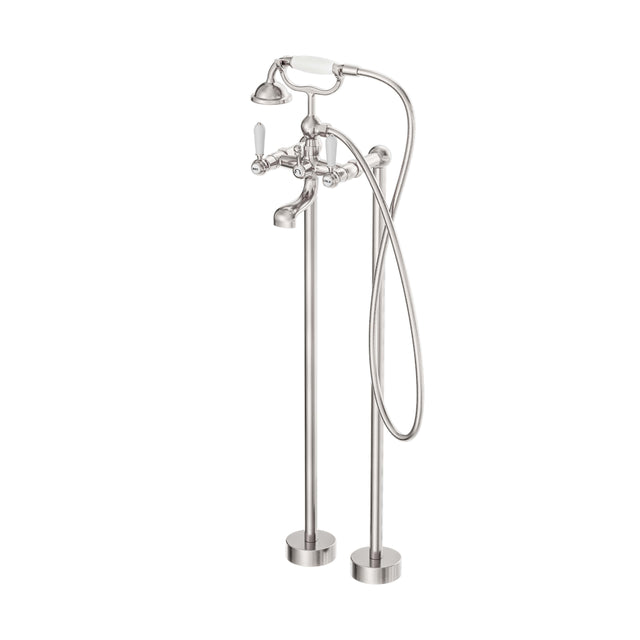 Nero York Freestanding Bath Set With White Porcelain Hand Shower Brushed Nickel Tapware Nero Default Title