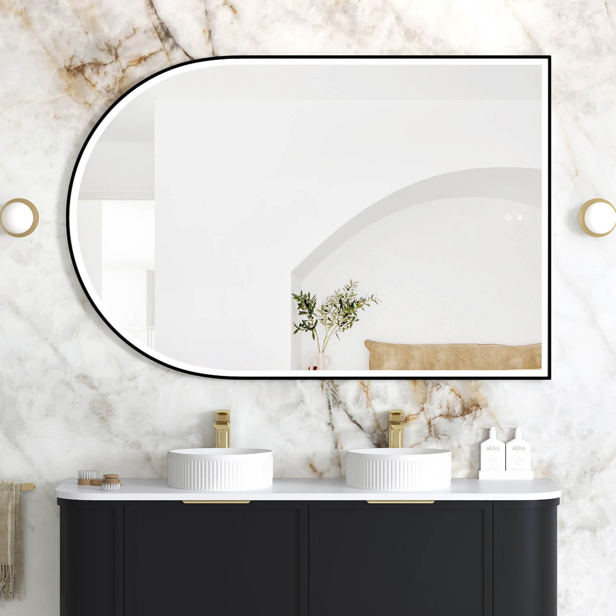 Otti Archie 1500x1000mm LED framed mirror by Tilemall with matte black metal frame installed above double vanity