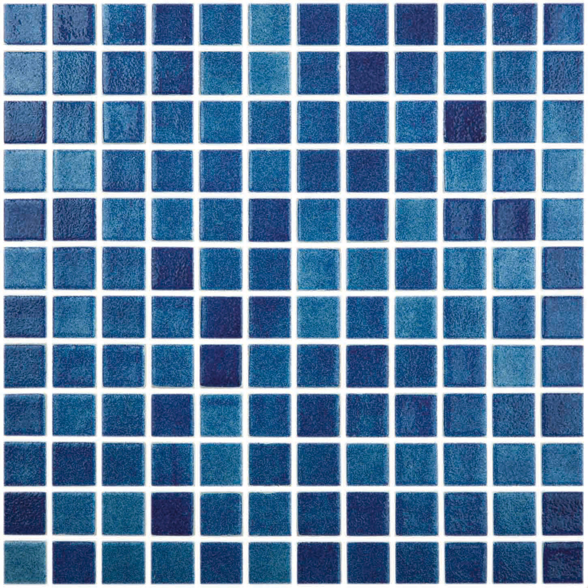 Vidrepur 25x25mm Almeria glass mosaic tiles in grid layout showing blue shade variation from light to deep navy by Tilemall