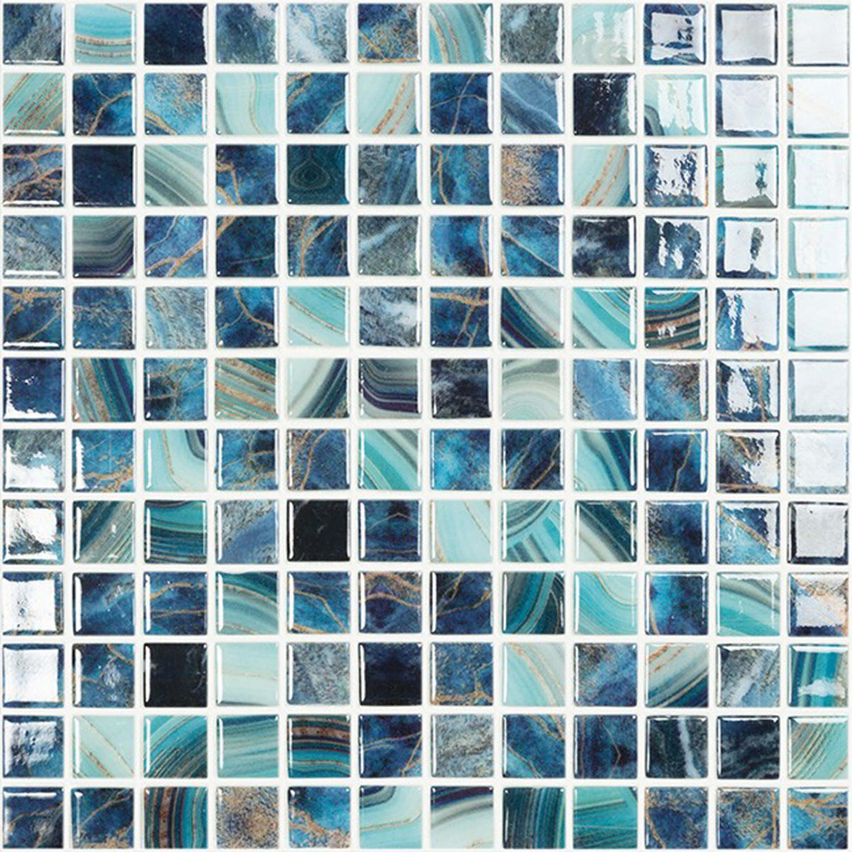 300x300mm Vidrepur Nature 25x25 royal glass mosaic tiles in grid layout showing varied blue and turquoise striped veining patterns by Tilemall