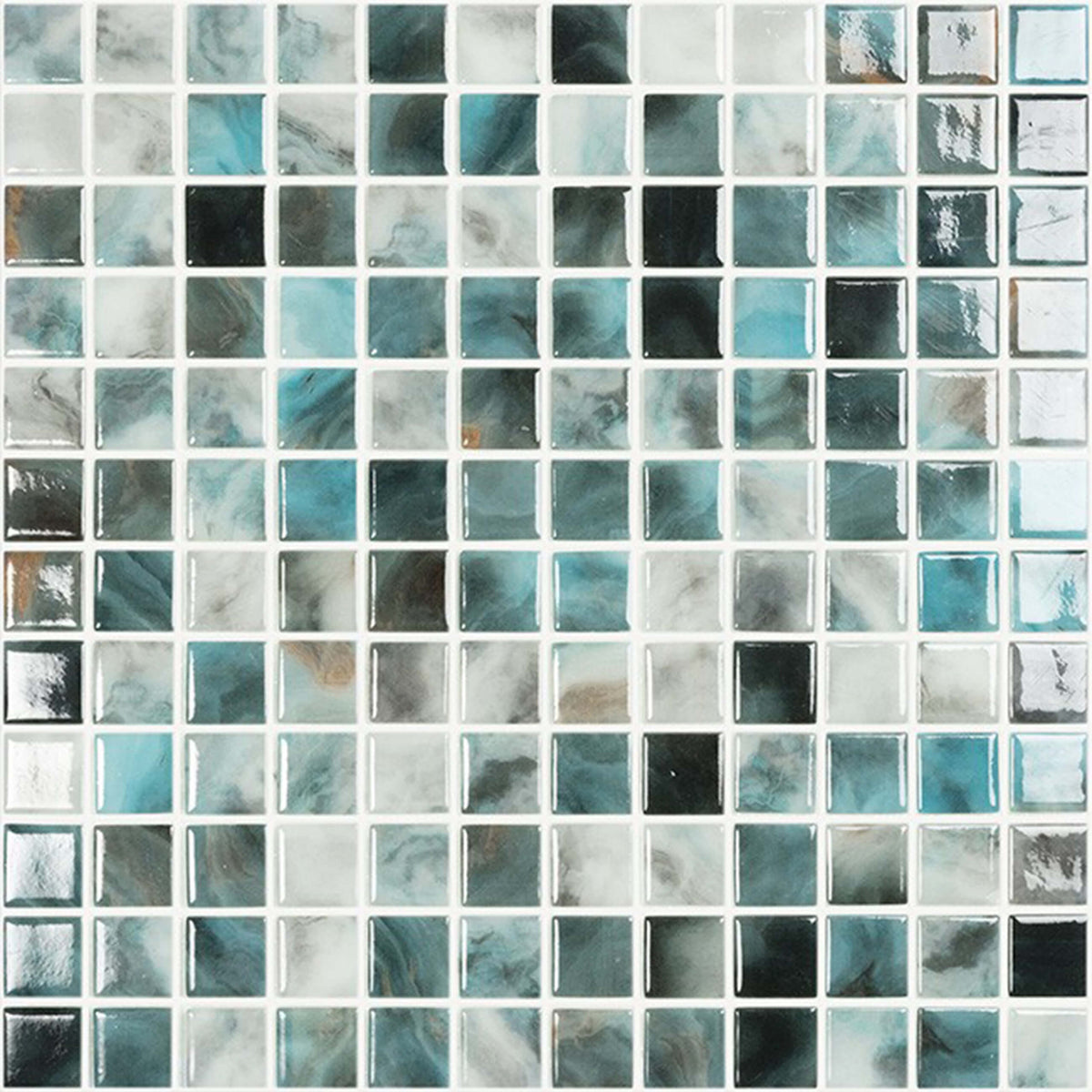 Vidrepur Air Force 25x25mm glass mosaic tiles in grid layout showing varied veining and shade variation from white by Tilemall