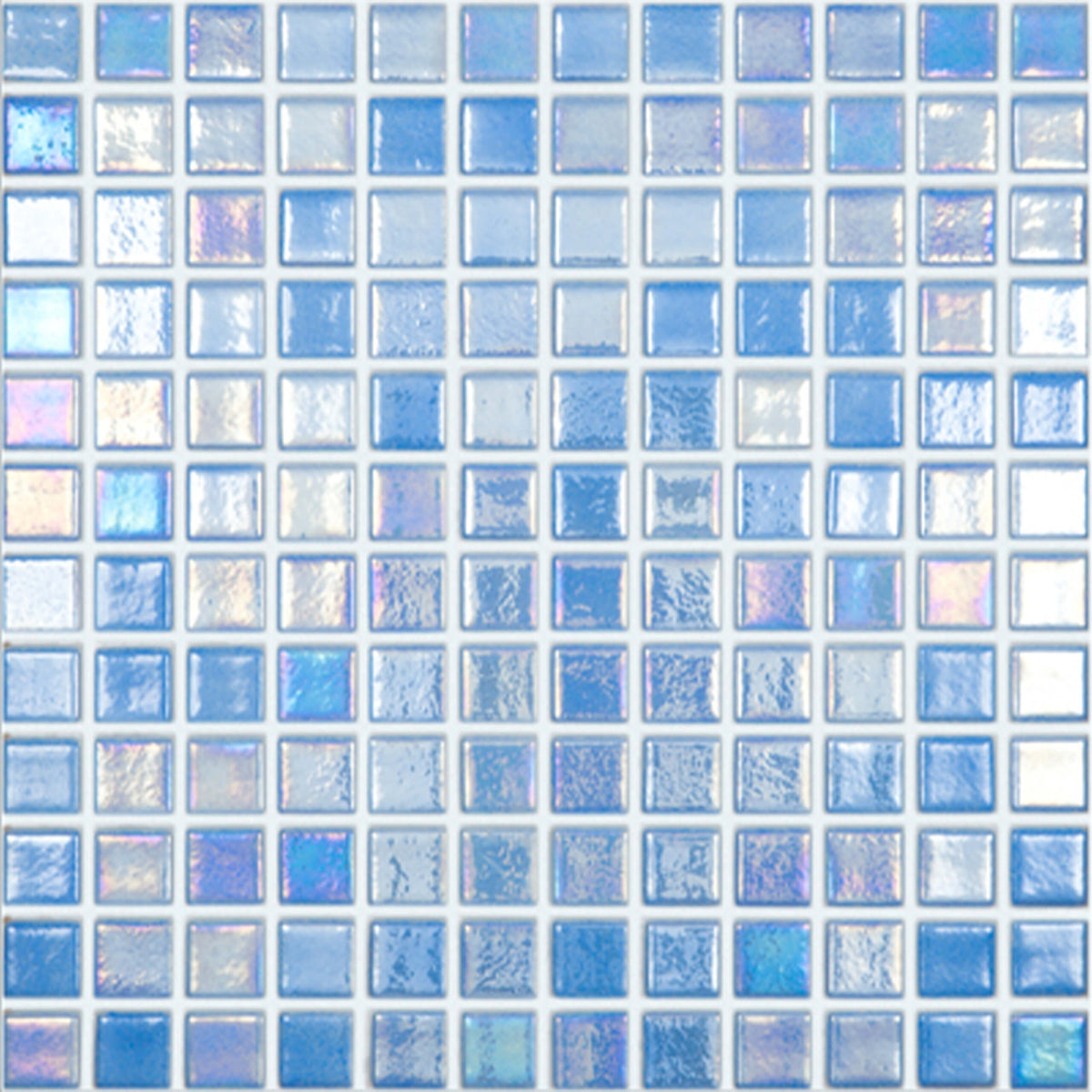 Vidrepur 25x25mm Sevilla glass mosaic tiles in grid layout showing colour and texture variation across blue shades by Tilemall