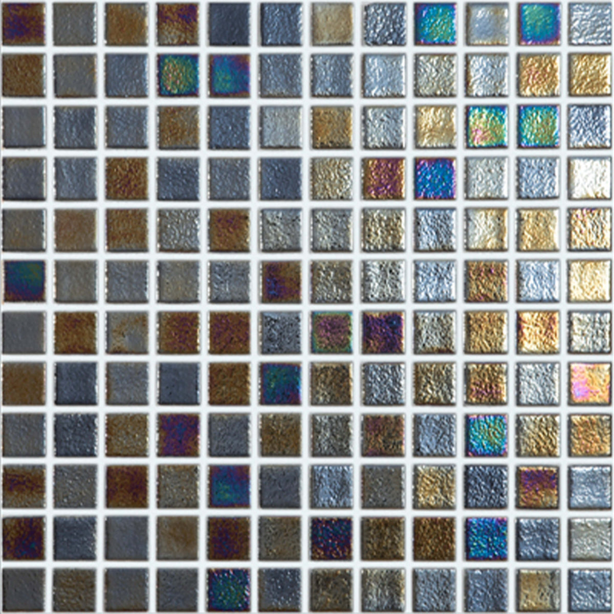 Vidrepur San Sebastian 25x25mm glass mosaic tiles in grid layout showing iridescent colour variation from deep blues by Tilemall