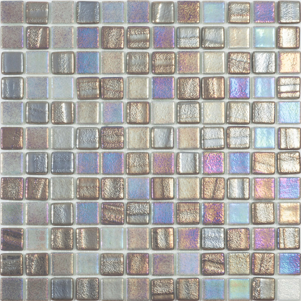 Vidrepur Fusion 25x25mm grey glass mosaic tiles in grid layout with iridescent finish and colour variation across tiles by Tilemall