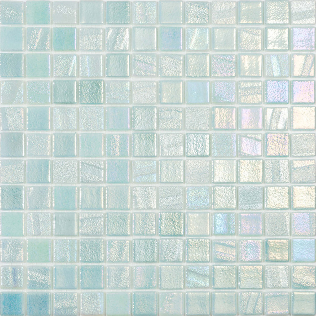 Vidrepur Fusion 25x25mm light green glass mosaic tiles in grid layout with iridescent and textured finish variation by Tilemall