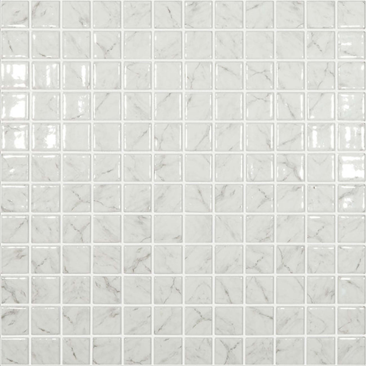Vidrepur 25x25mm carrara grey glass mosaic tiles in grid layout with polished finish and natural veining variation by Tilemall