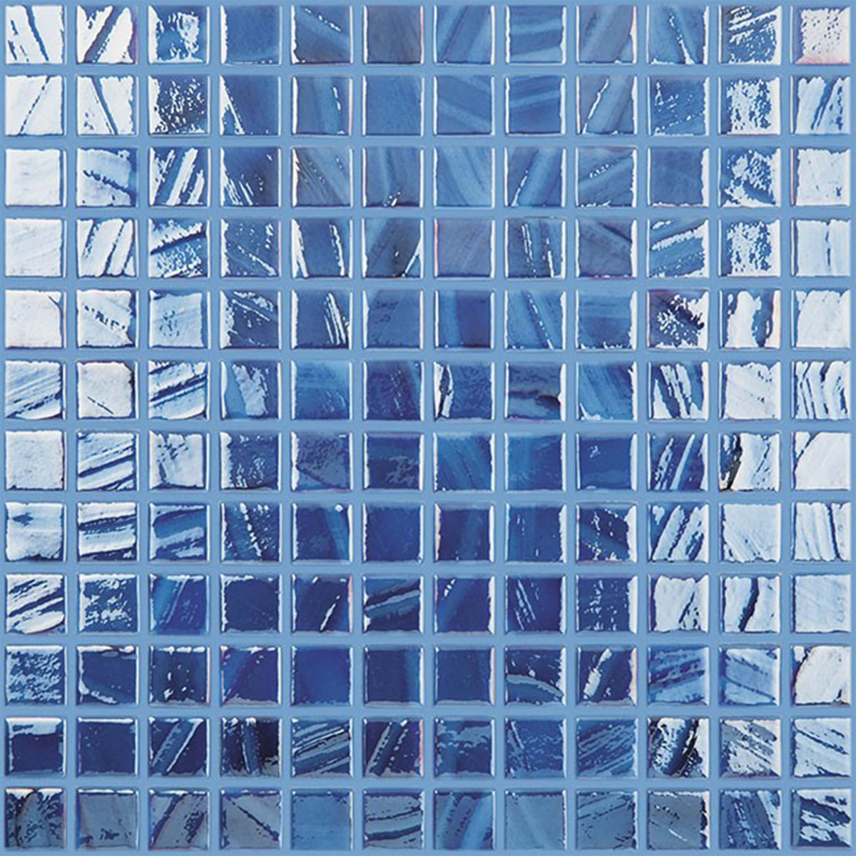 Vidrepur 25x25mm blue brush glass mosaic tiles in grid layout showing brush stroke and colour variation across tiles by Tilemall