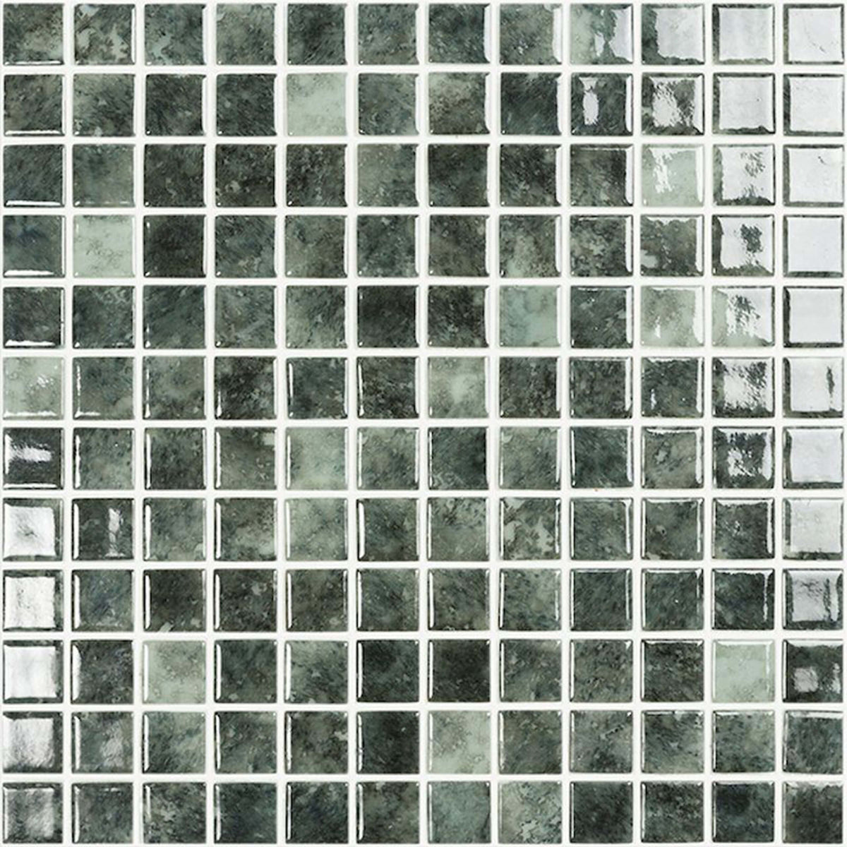 Vidrepur 25x25mm Nature Jungle glass mosaic tiles in grid layout showing natural shade and distress variation from dark by Tilemall