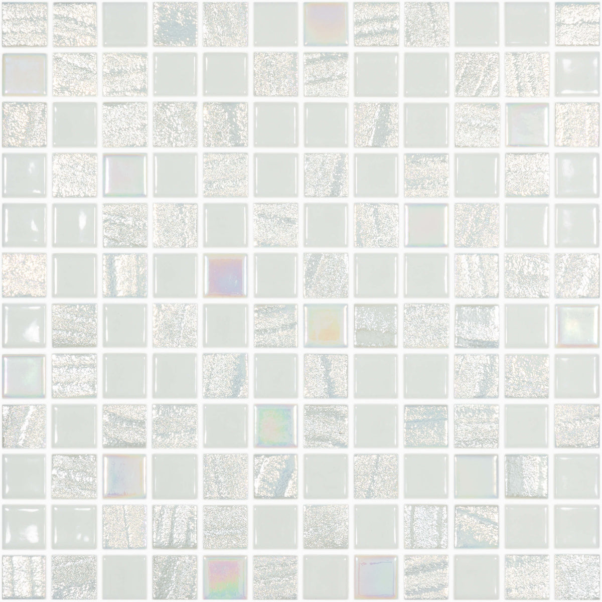 Vidrepur Madrid 25x25mm glass mosaic tiles in grid layout with iridescent and solid shade variation by Tilemall