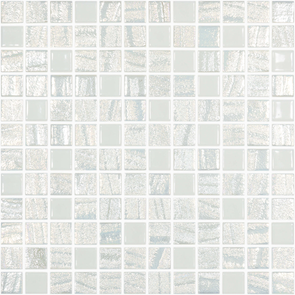 Vidrepur Roma 25x25mm glass mosaic tiles in grid layout with iridescent finish and colour variation across soft neutrals by Tilemall