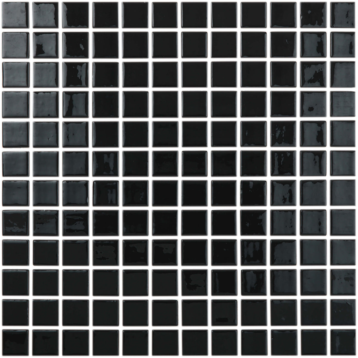 Vidrepur Liso 25x25mm negro glass mosaic tiles in grid layout with subtle shade and texture variation across tiles by Tilemall