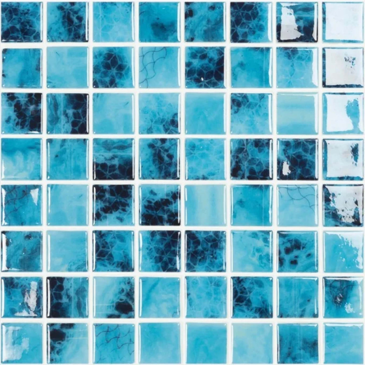 Vidrepur Nature 38x38mm Olympic glass mosaic tiles in grid layout showing varied turquoise and navy veining by Tilemall