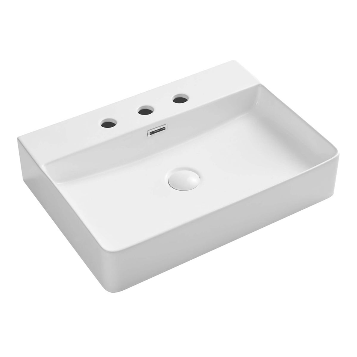 Fienza Petra rectangular above-counter ceramic basin by Tilemall, gloss white 600x435mm with 3 tap holes and overflow
