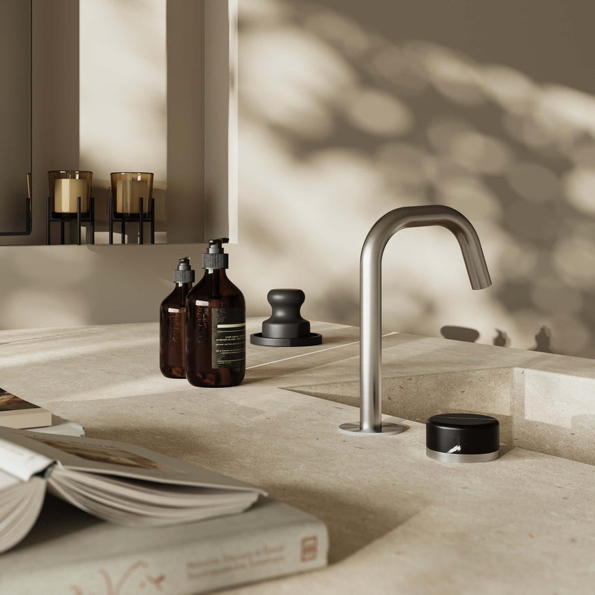 Nero Serenity Progressive Basin Mixer Edge Spout With Marquina Black Handle Brushed Nickel Tapware Nero