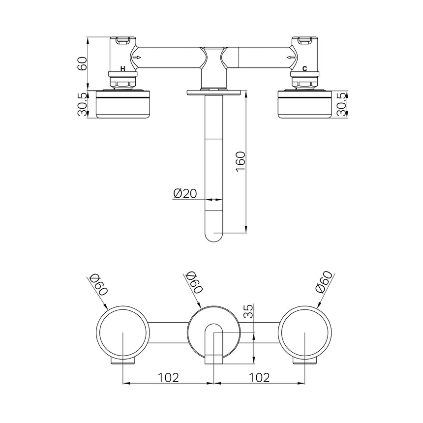 Nero Serenity Wall Basin Set 160mm Spout With Carrara Handle Brushed Bronze Tapware Nero