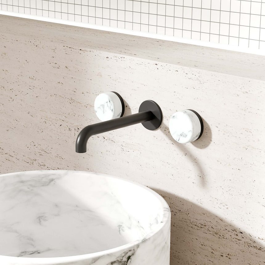 Nero Serenity Wall Basin Set 160mm Spout With Arabescato Corchia Handle Gun Metal Tapware Nero