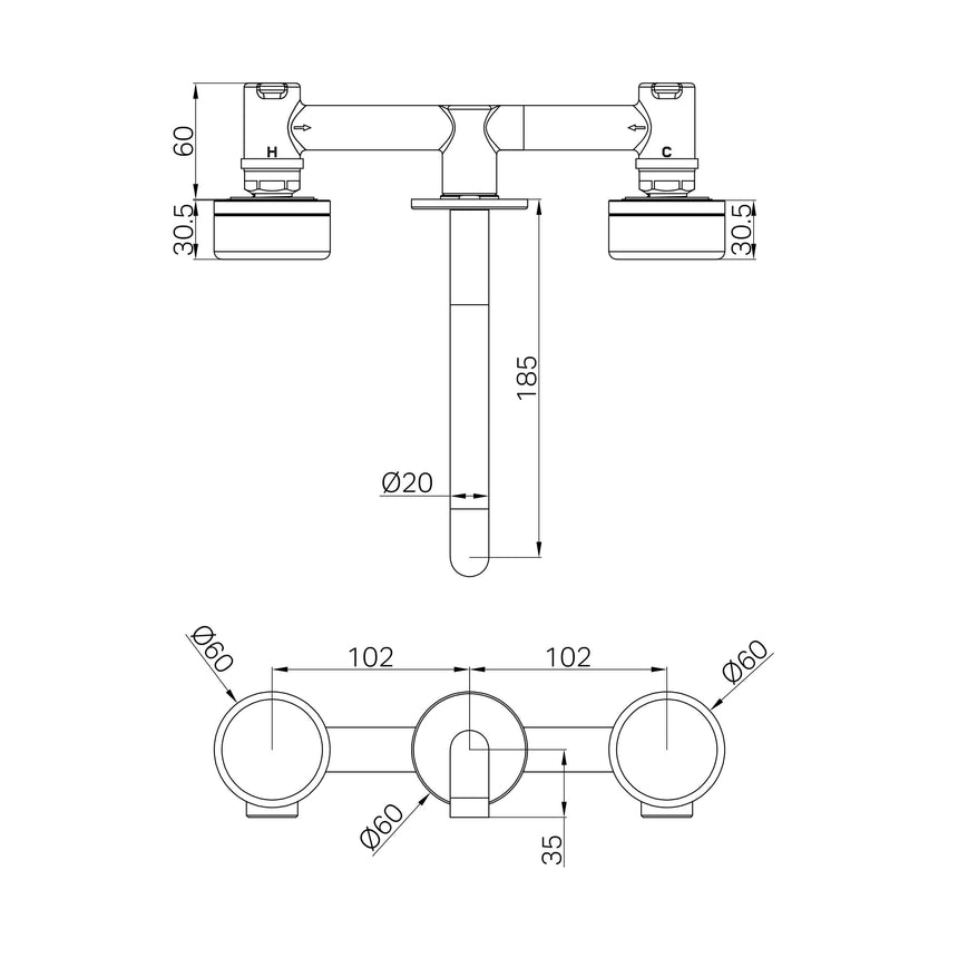 Nero Serenity Wall Basin Set 185mm Spout With Rome Travertine Handle Brushed Nickel Tapware Nero
