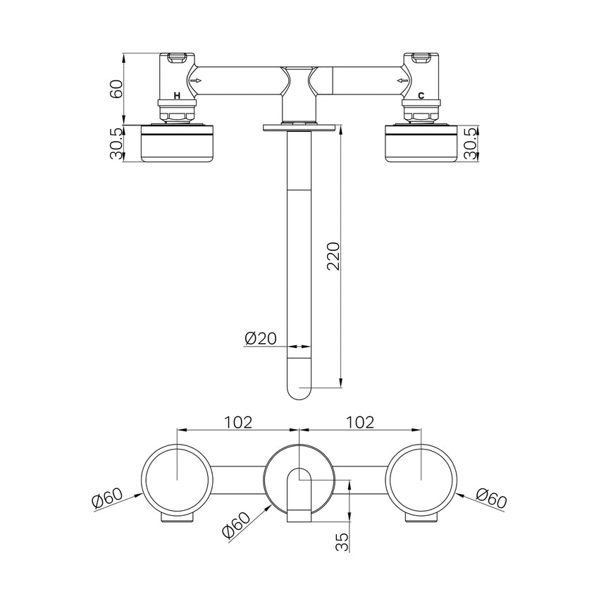 Nero Serenity Wall Basin Set 220mm Spout With Rome Travertine Handle Brushed Nickel Tapware Nero