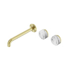 Nero Serenity Wall Basin Set 220mm Offset Spout With Arabescato Corchia Handle Brushed Gold