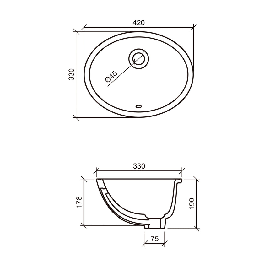 Oval Undermount Basin 420mm Gloss White Bathroom Basin Timberline