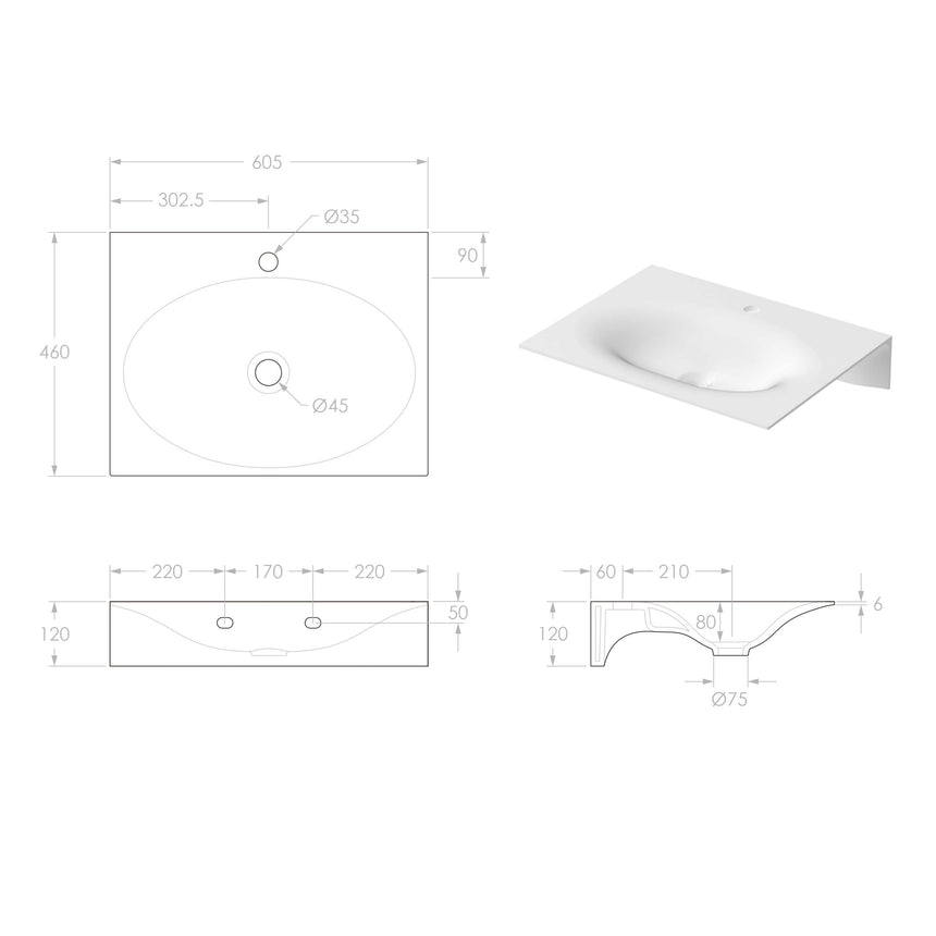 ADP Veil Wall Basin 600 Matte Black 1 Tap Hole Bathroom Basin ADP