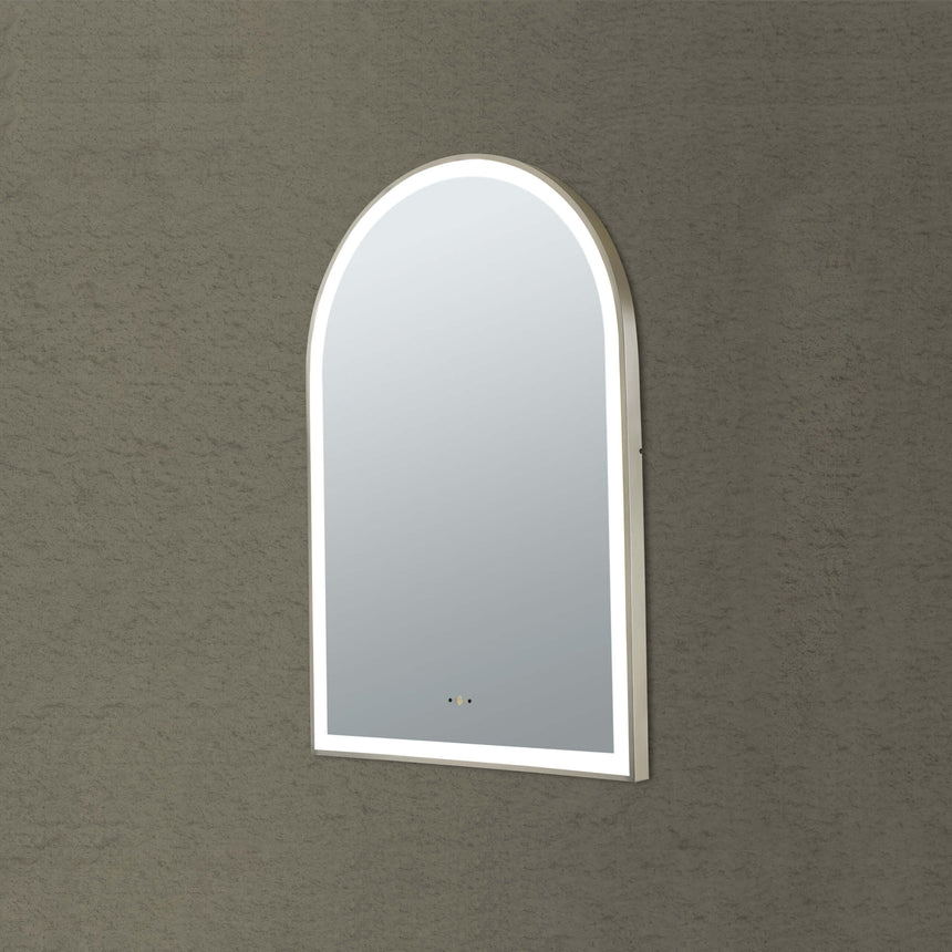 Arco Framed LED Mirror 600x900mm Brushed Nickel LED Framed Mirror Lukka Bathware