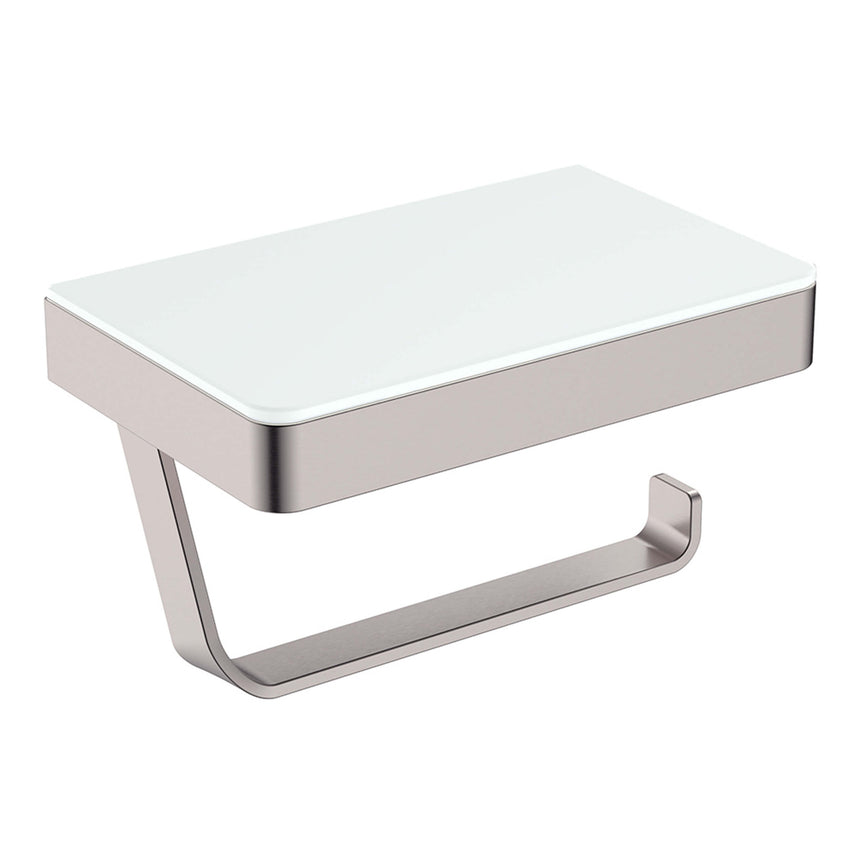 Tono Toilet Roll Holder With Glass Shelf Sus305 Brushed Nickel/White Bathroom Accessories Fienza