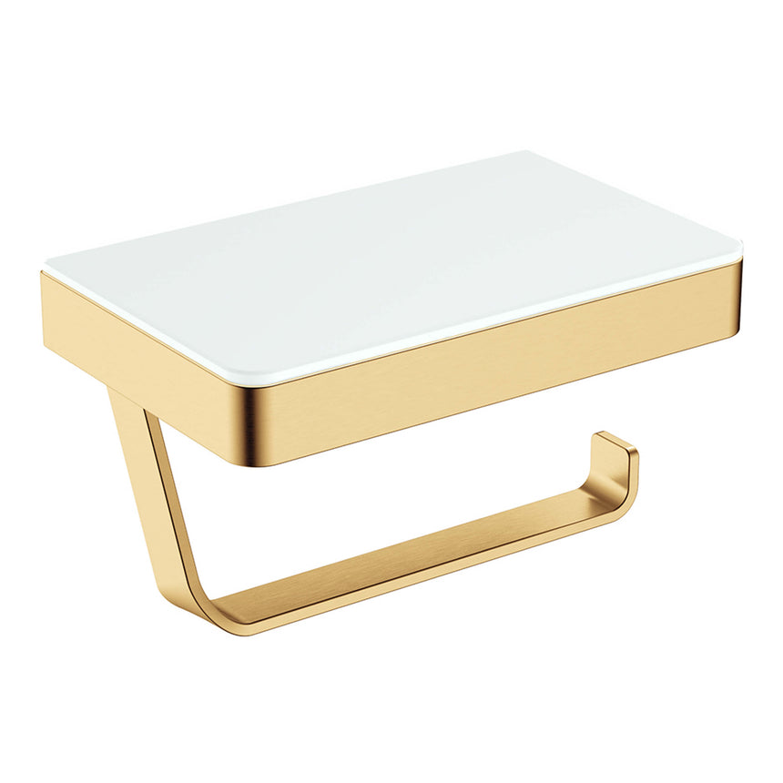 Tono Toilet Roll Holder With Glass Shelf Sus307 Urban Brass/White Bathroom Accessories Fienza
