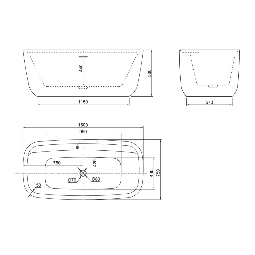 BelBagno Terriccio Freestanding/Back to Wall Acrylic Bath 1500mm Matt White Bath BelBagno