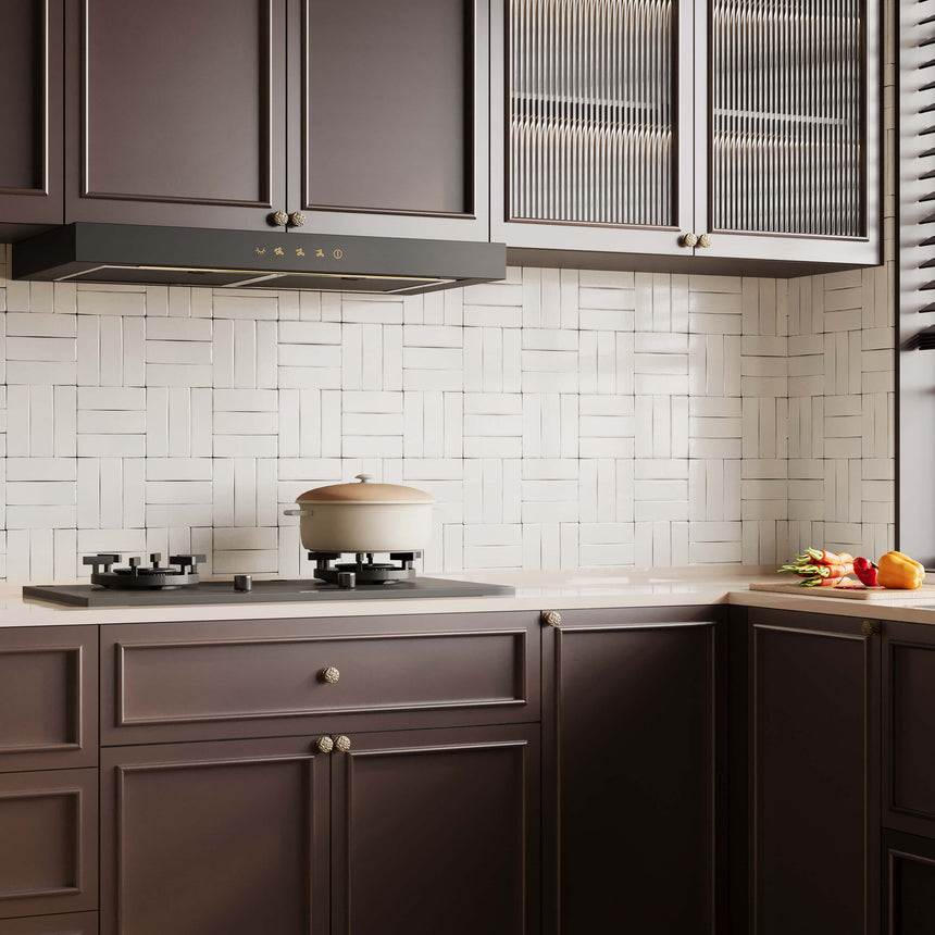 Bondi 50x150mm gloss cloud subway tiles in herringbone pattern on kitchen splashback wall by Tilemall