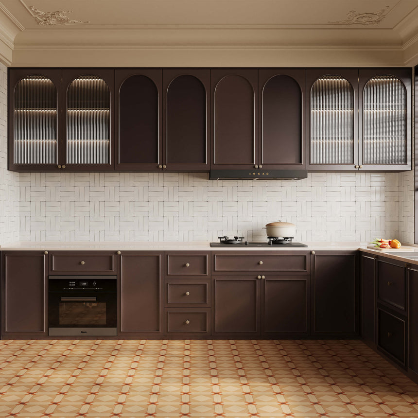 Bondi 50x150mm gloss cloud subway tiles installed in herringbone layout across kitchen splashback by Tilemall