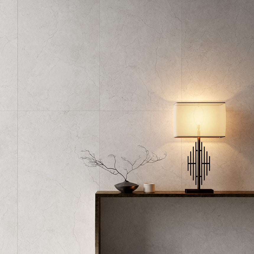 Crema Marfil 1200x600mm matt bianco porcelain tiles installed as interior wall in modern living space by Tilemall