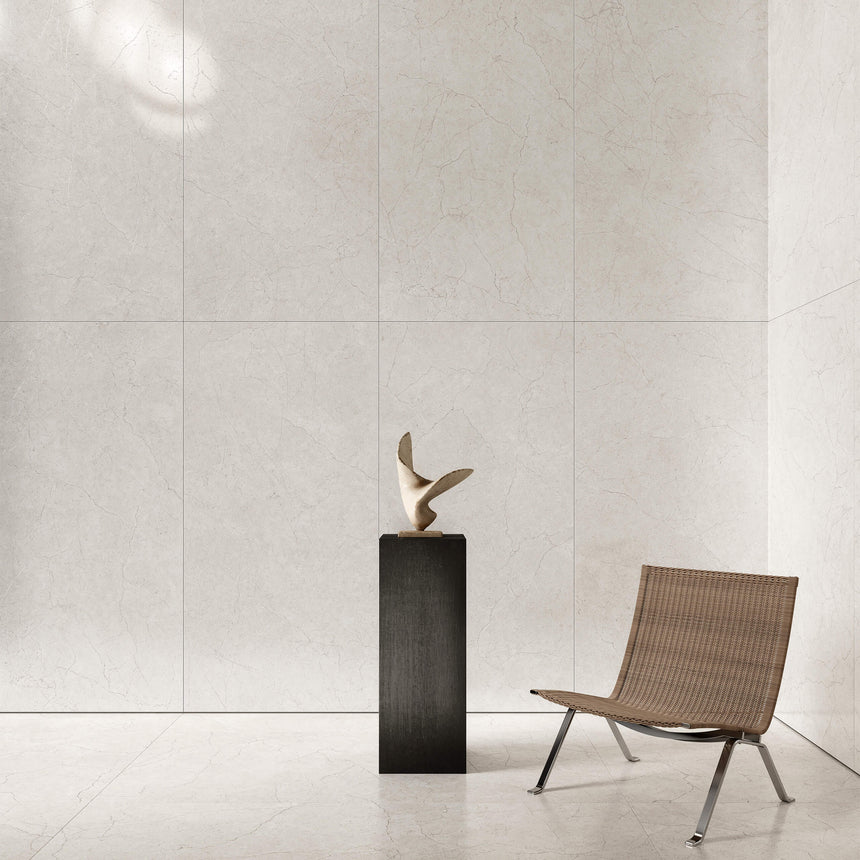Crema Marfil 1200x600mm bianco large-format porcelain tiles installed as wall and floor in modern interior space by Tilemall