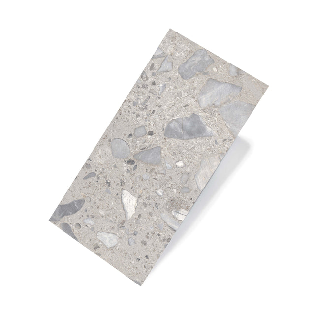 Sassi 600x300mm matt taupe terrazzo-look porcelain tile by Tilemall with mineral speckle