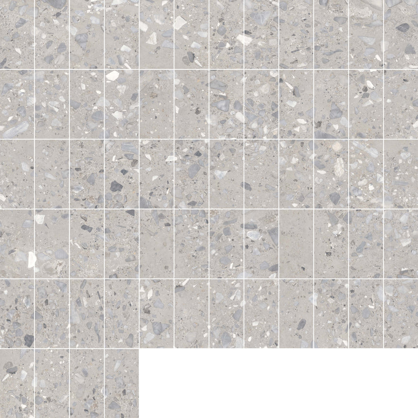 Sassi 600x300mm matt taupe terrazzo porcelain tiles in grid layout showing natural chip variation by Tilemall