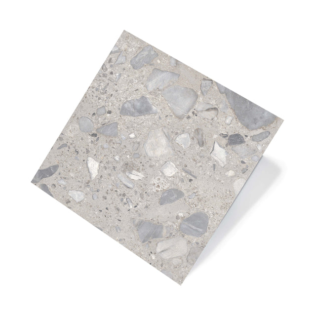 Sassi 600x600mm matt taupe terrazzo-look porcelain tile by Tilemall with grey and white stone aggregate