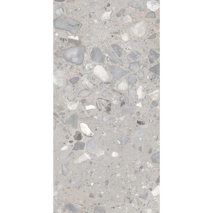 Sassi 1200x600mm matt taupe terrazzo-look porcelain tile by Tilemall with grey and white aggregate flecks