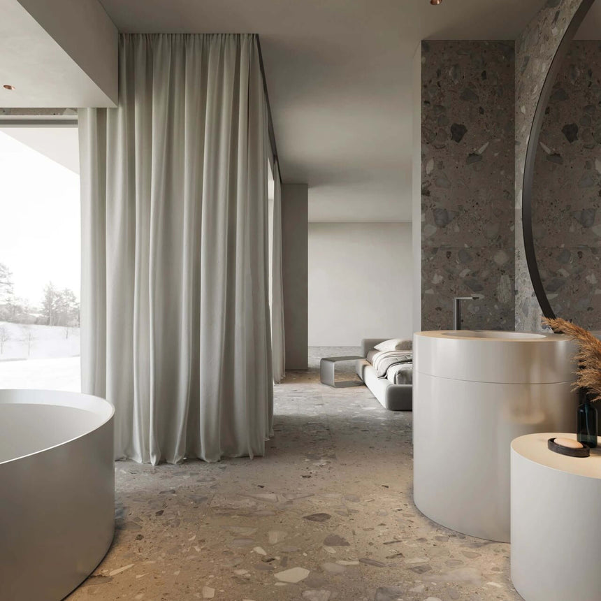 Sassi 1200x600mm matt taupe terrazzo tiles used as bathroom floor and feature wall in spa-style interior space by Tilemall