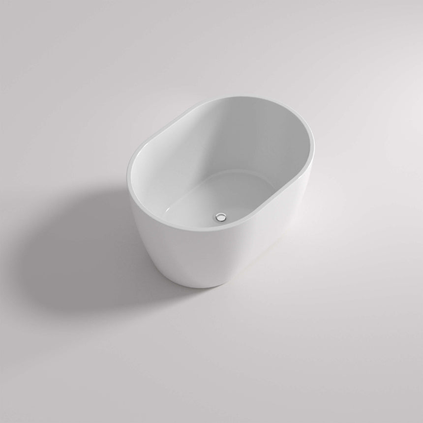 Lukka 990x710mm agena gloss white acrylic freestanding mini bath by Tilemall, angled view showing curved bowl and overflow