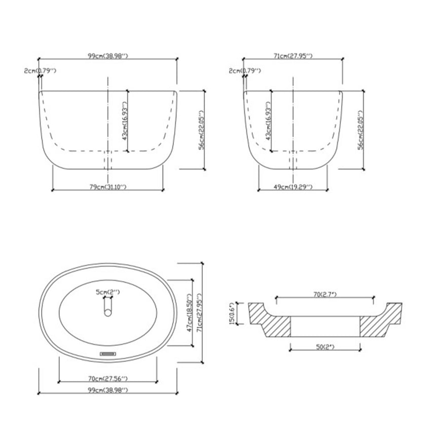 Lukka technical dimensions diagram for Agena 990mm freestanding mini bath by Tilemall