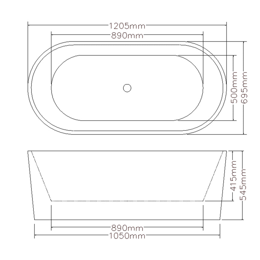 Technical dimensions diagram for Agena 1200mm freestanding bathtub: 1205mm width, 890mm internal length, 500mm depth by Tilemall