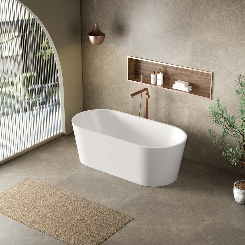 Lukka Freestanding bath agena freestanding acrylic bathtub by Tilemall in gloss white, 1700mm, installed in bathroom interior