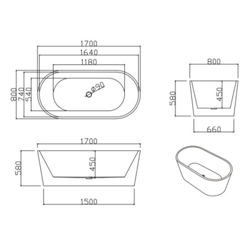 Lukka Freestanding bath technical dimensions diagram for Agena 1700mm freestanding bathtub by Tilemall