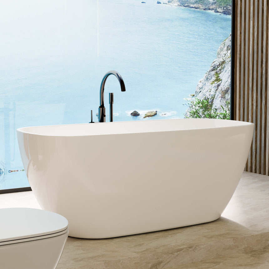 Orta acrylic Lukka freestanding bath by Tilemall, 1450mm gloss white with black floor tap in bathroom interior