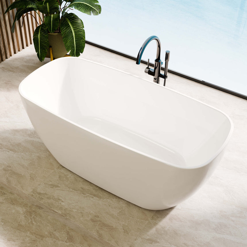 Orta 1450mm gloss white Lukka freestanding bath by Tilemall with integrated tap hole and black mixer tap