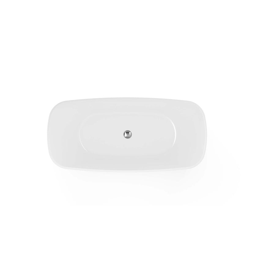 Top view of Orta Lukka freestanding bath 1450x680mm by Tilemall showing oval shape, gloss white finish and overflow hole