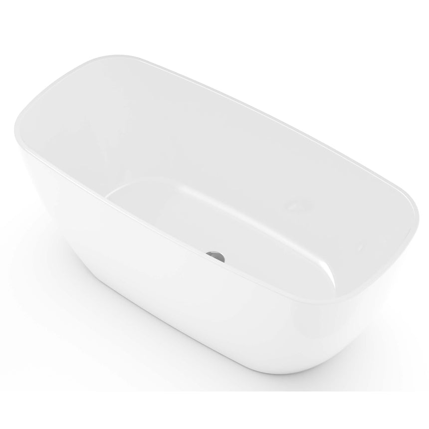 Side angle of Orta 1450mm acrylic Lukka freestanding bath by Tilemall in gloss white with curved edges