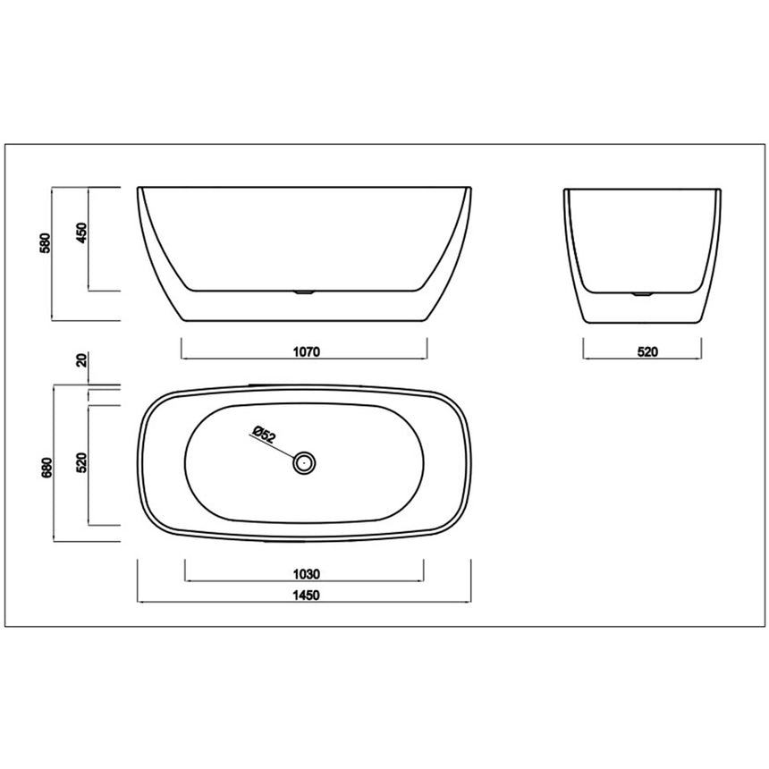 Technical dimensions diagram for Orta 1450mm Lukka freestanding bath showing 880mm height and overflow specs by Tilemall